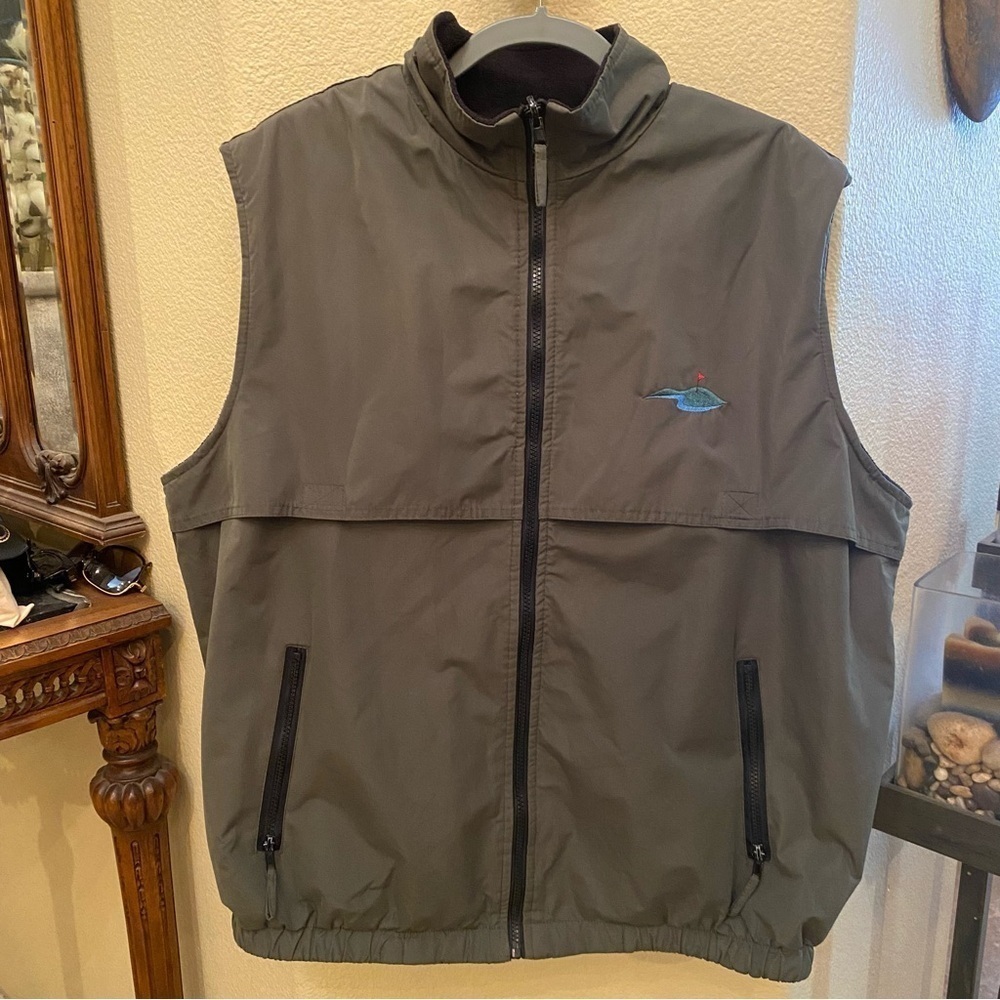 CHENERAL Men Olive Black Reversible Golf Embroidery Fleece Zipped Vest Size XL